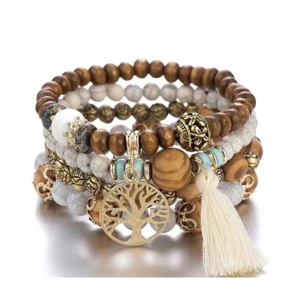 WOOD Beads Charm Bracelet 4 layers! Super Awesome NEW Same Day Shipping - Picture 1 of 3